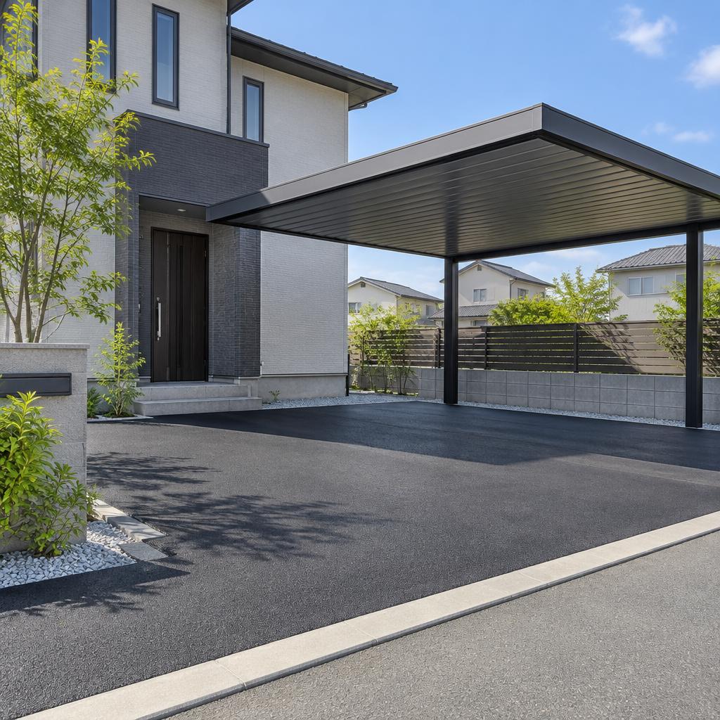新築の駐車場を、毎日の使いやすさと住まいの美しさが続く場所へ。ひたちなか市の気候や敷地に合わせたアスファルト舗装とカーポートで、理想の外構をかたちにします。