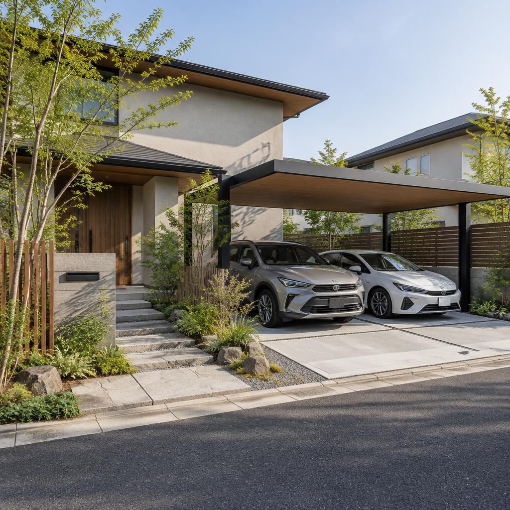 建物と調和する駐車場デザインで、外構に統一感を